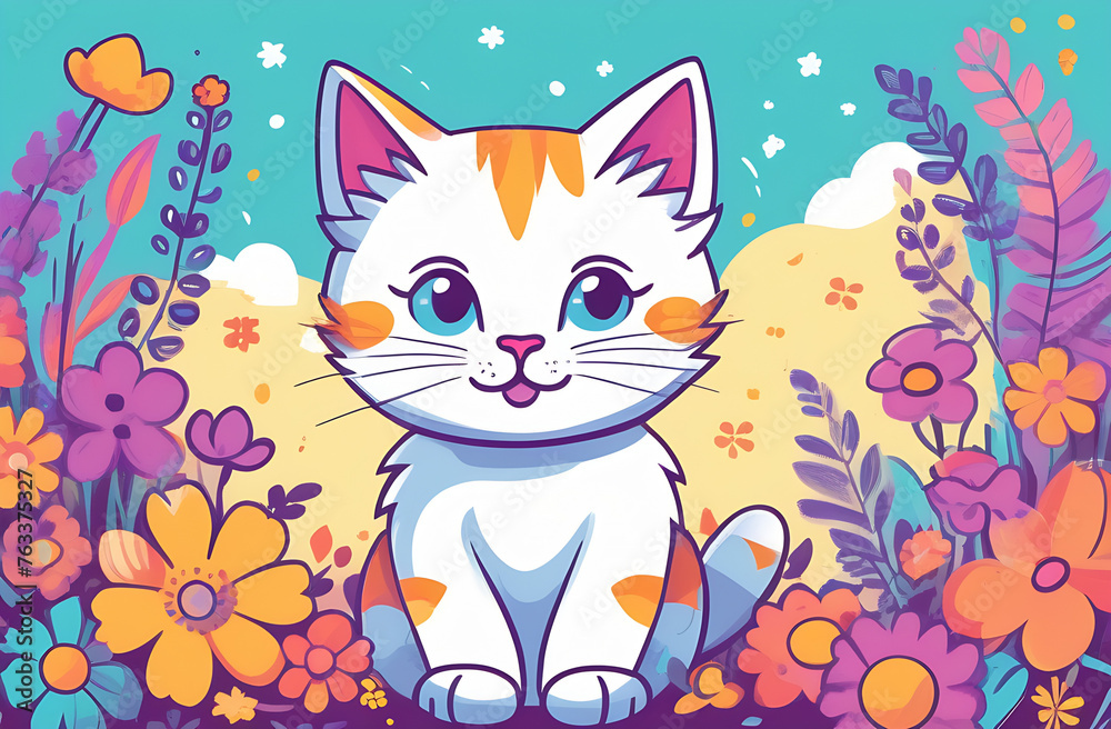 Small cute cat kitten plays in flowers in the garden and garlands beautiful cartoon illustration Small cute cat kitten plays in flowers in the garden and garlands beautiful cartoon illustration