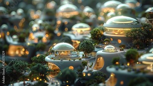 A visionary concept of futuristic urban living, featuring dome-shaped eco-homes amid abundant green spaces and soft ambient lighting.