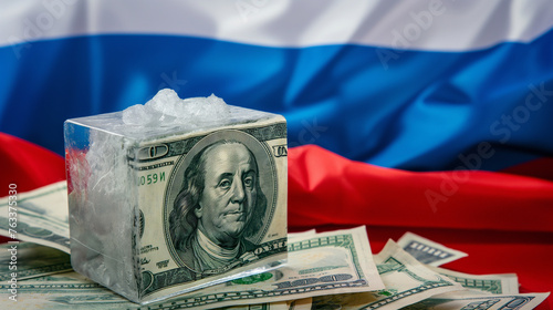 Photo of frozen money on the background of the Russian flag