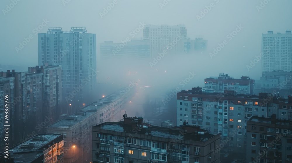  Cityscape of buildings with bad weather and air pollution 