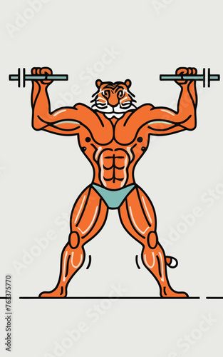 red white black modern style minimalist lines of a strong muscle pose strong body builder anatomy man at gym with bundle Doing exercises in all body positions using different gym equipment