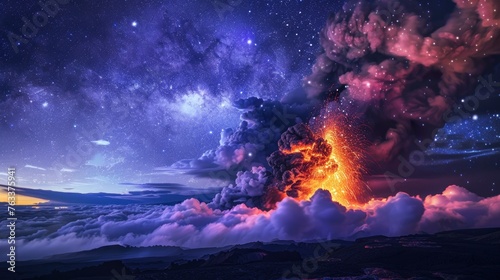 A beautiful night sky with a volcano in the background