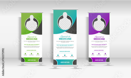 Roll-Up banner design for medical services. Business roll up banner stand template design. (ID: 763375992)