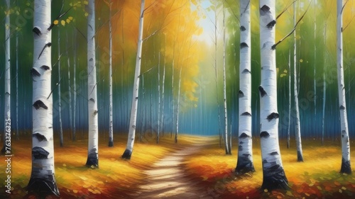 Birch forest, autumn, background. Birch grove, road, field, sun.