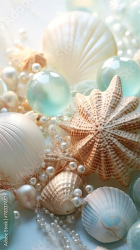 Seashells and starfish on azure background. Abstract sea wallpaper