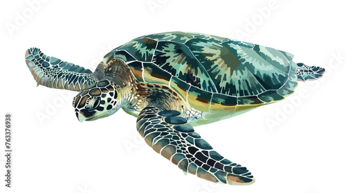 Rare green sea turtle Chelonia Mydas swimming in open