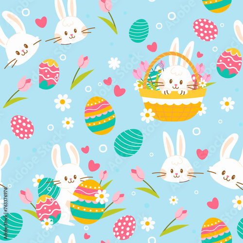 Seamless pattern with rabbits and eggs in basket. Seamless pattern with easter bunny and eggs. Easter seamless pattern, Easter symbol, decorative vector elements. Easter colored simple pattern.