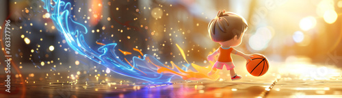 3D cartoon chibi basketball player enters the zone colorful aura blazing © ParinApril