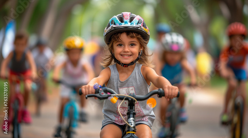 Focused Child Leading the Pack in a Kids' Bicycle Race at the Park