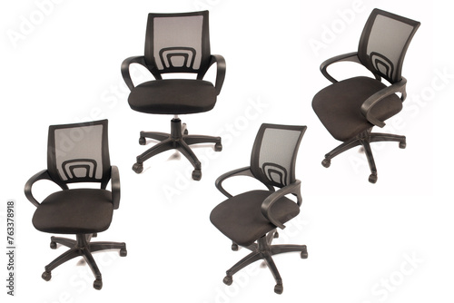 Collection of black office chairs isolated on white background