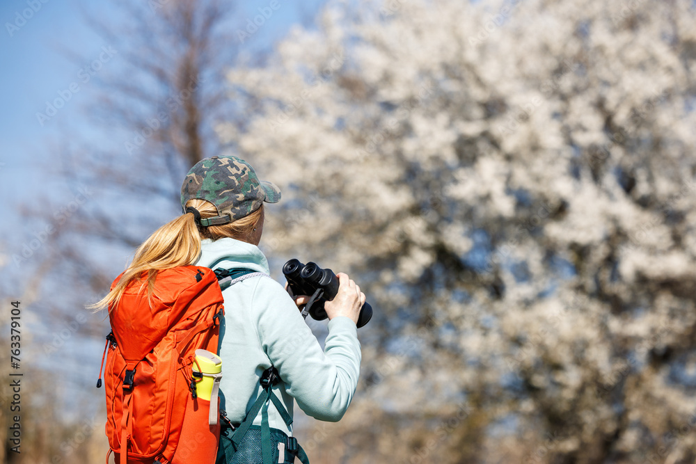 Bird watching. Woman ornithologist with binoculars observes birds arriving in spring in blooming nature