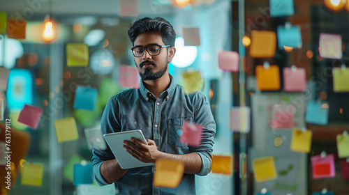 Serious and focused young Indian man working in office with tablet, standing near glass board with notes, processing data, thinking about project