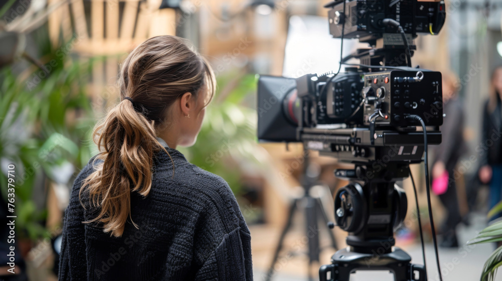 Close-up of a young, contemplative actress on a busy film set with cinematic lighting and camera equipment. Close-up of a young, contemplative actress on a busy film set with cinematic lighting and camera equipment.