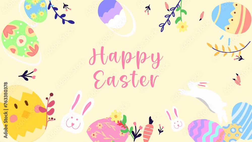 Happy Easter Greeting Card. Easter design with typography, eggs, bunny, flower. Vector Illustration. Used for poster, banner, greeting card, header website.