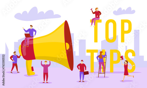 top tips megaphone. Banner with megaphone and text top tips. megaphone loudspeaker with message top tips. Cartoon illustration in comics style. colorful bussines concept. vector illustration.