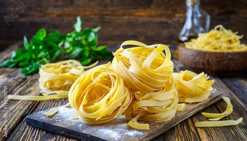 Uncooked fettuccine pasta on a wooden background, prepared for cooking