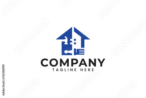 home with hammer and paint brush logo design for house maintenance repair service company business