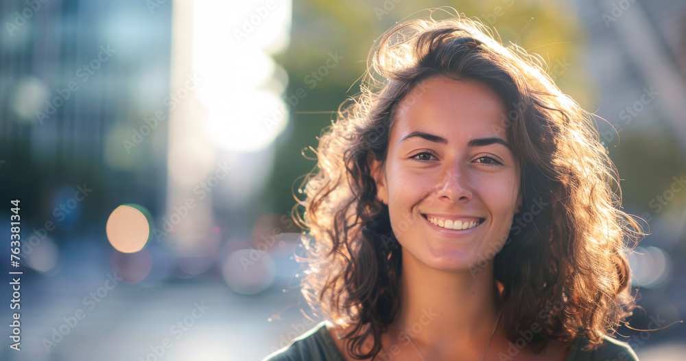Young smiling natural caucasian woman with wavy brown hair, photo in the sun backlight in the city street, urban portrait with bokeh background, copy space Young smiling natural caucasian woman with wavy brown hair, photo in the sun backlight in the city street, urban portrait with bokeh background, copy space