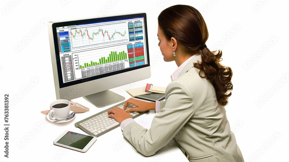 FX chart,small woman,pc, white background,generative ai FX chart,small woman,pc, white background,generative ai