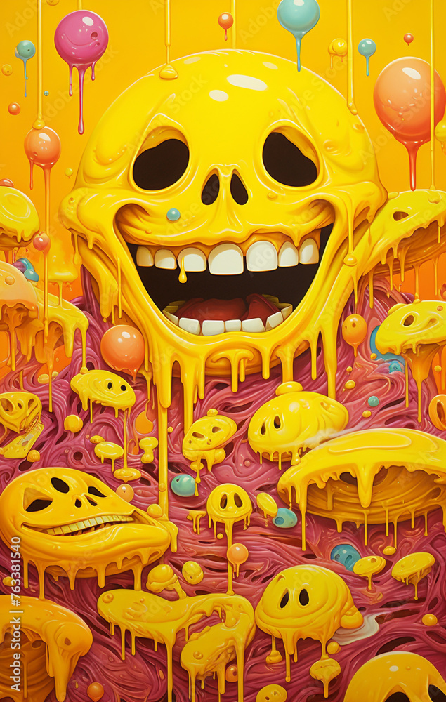 yellow and yellow emojis are displayed in pictures, in the style of psychedelic dreamscapes сreated with Generative Ai