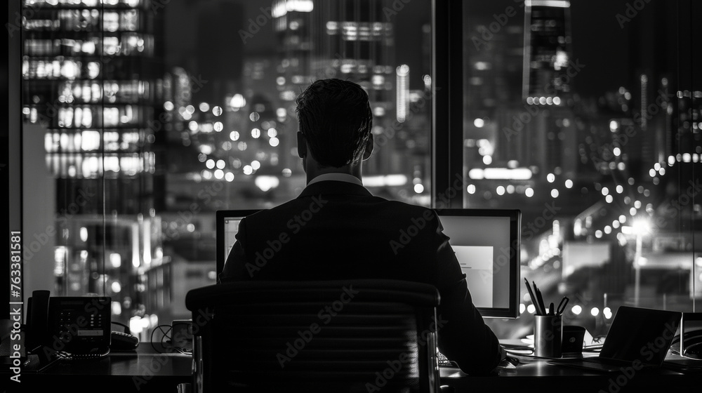 Silhouette of a professional man at a desk with computers, working late in an office with a city lights backdrop.