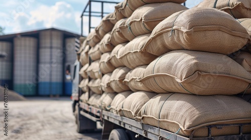 Wheat bags stacked on truck for warehouse transport