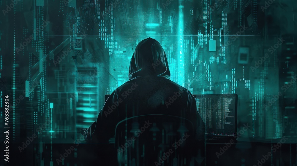 A shadowy figure in a hoodie is backlit by a computer screen displaying complex codes and data in a cyberpunk style setup A shadowy figure in a hoodie is backlit by a computer screen displaying complex codes and data in a cyberpunk style setup