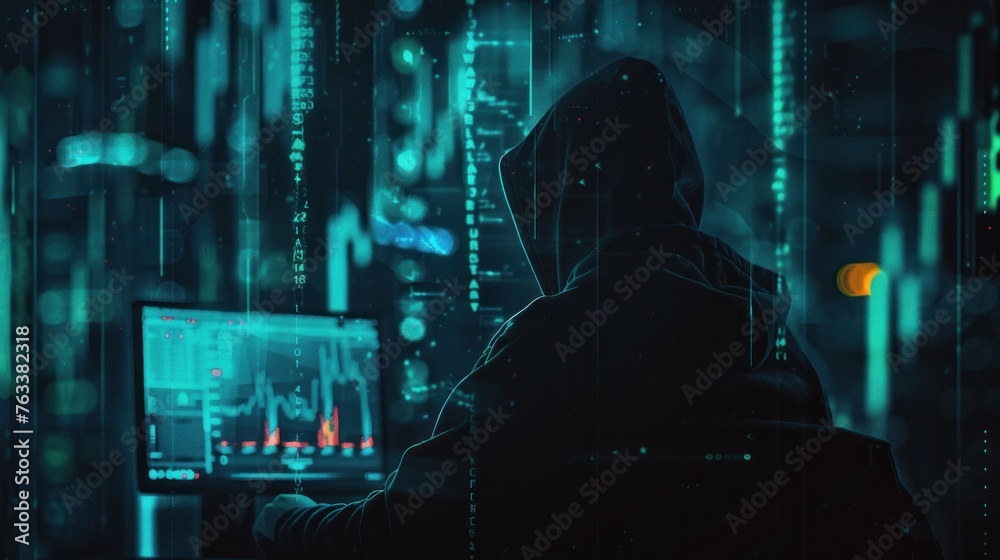 A cybercriminal in disguise with a hood operates a computer in a room enhanced by neon blue light, depicting cybersecurity threats A cybercriminal in disguise with a hood operates a computer in a room enhanced by neon blue light, depicting cybersecurity threats