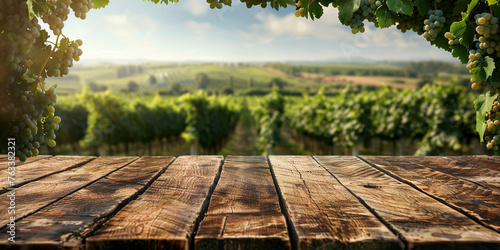 Wood table top on blurred vineyard landscape background © Ricardo Costa