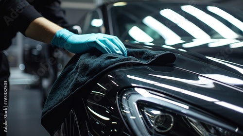 Persons hand polishing the exterior of a black car with a microfiber cloth © ParinApril