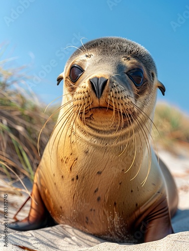 Seal lounging on sun-baked dunes, unusual habitat, clear blue sky, close-up