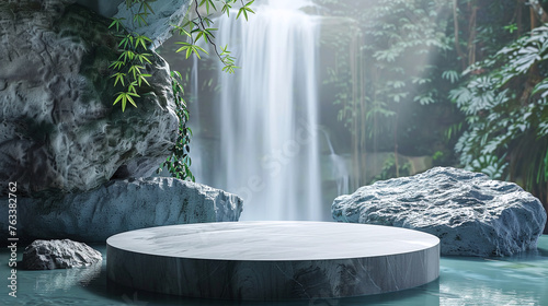 Image of a product display stand and a backdrop of a waterfall in the rainforest for displaying natural products. Ai generate.