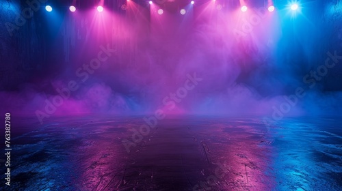 Dark stage shows, blue, and purple background,