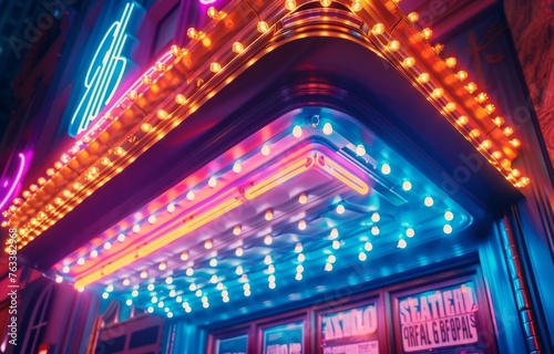 A Broadway marquee with bright neon lights and playbill posters, setting an iconic scene for a theatre-themed banner