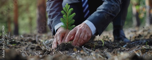 A business leader planting a tree in a deforested area, showing personal commitment to environmental restoration
