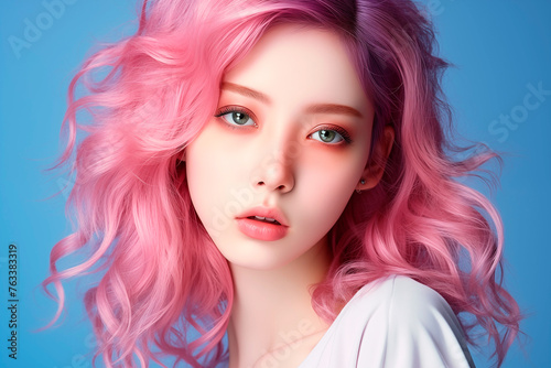 A woman with pink hair and blue eyes