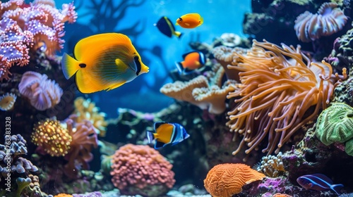 Tropical fish swimming in an aquarium with coral