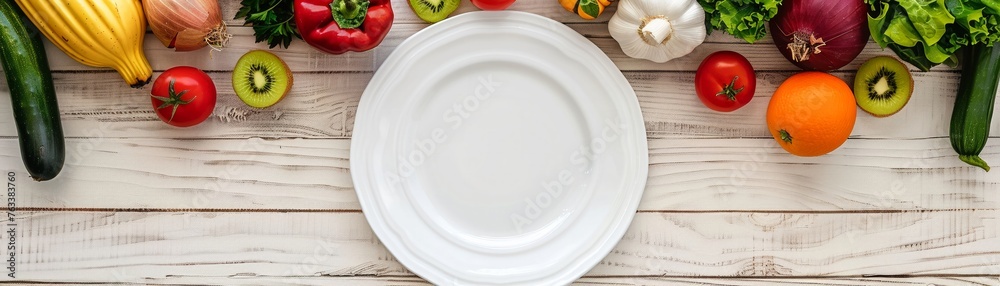 Top view of a white plate surrounded by an array of fresh vegetables and fruits on a light wooden background Top view of a white plate surrounded by an array of fresh vegetables and fruits on a light wooden background