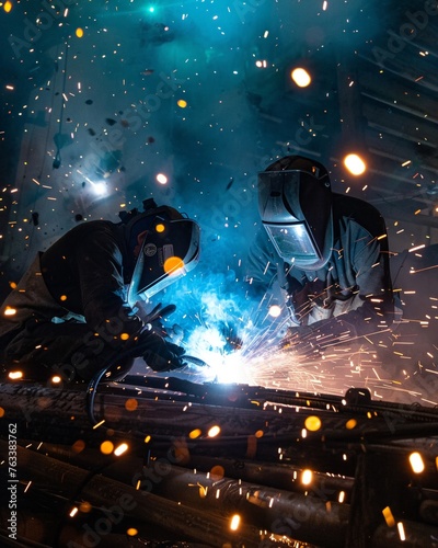 Workers welding in an industrial environment with sparks flying