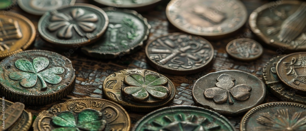 A collection of antique Irish coins and shamrock emblems, exhibited for Saint Patrick's Day