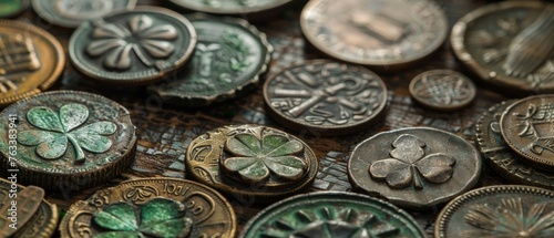 A collection of antique Irish coins and shamrock emblems, exhibited for Saint Patrick's Day