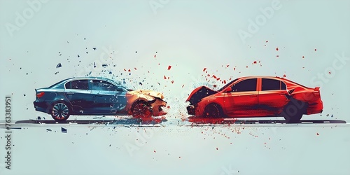 Illustration featuring car collision on road highlighting the importance of auto insurance. Concept Auto Insurance, Car Collision, Road Safety, Illustration, Importance © Ян Заболотний