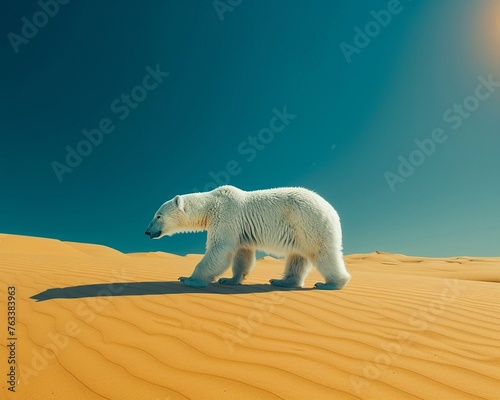 Polar bear wandering in sandy desert  surreal contrast  clear blue sky  wide angle