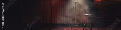 A comedy club scene with a microphone stand and stool under a spotlight, providing a simple yet effective background for comedy event banners
