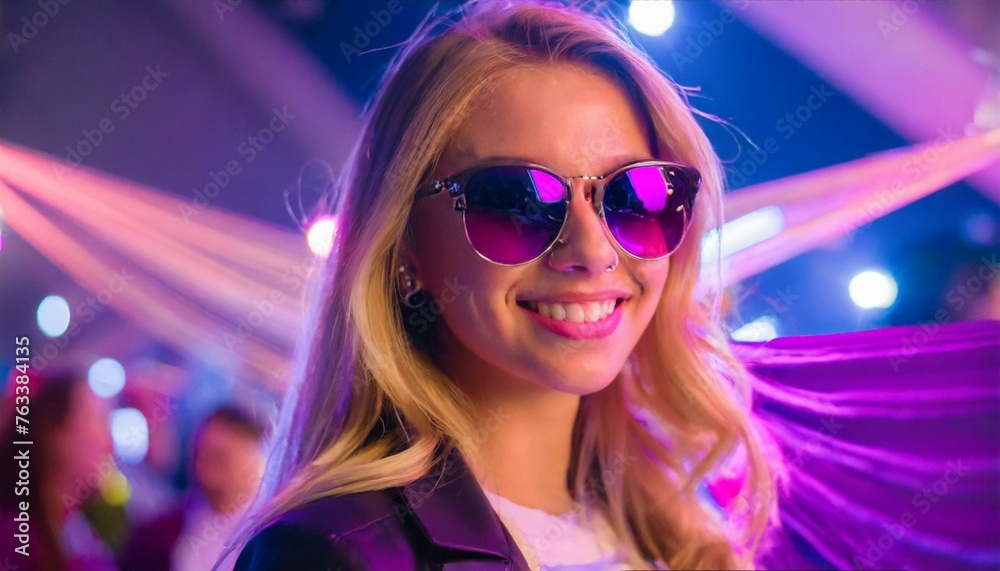Portrait of a happy girl in a night club with purple and pink spotlight wearing sunglasses. Young woman in a nightclub with laser lights Portrait of a happy girl in a night club with purple and pink spotlight wearing sunglasses. Young woman in a nightclub with laser lights