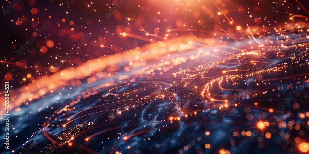 Fiber optic cables ablaze with data, a representation of global digital communication Fiber optic cables ablaze with data, a representation of global digital communication