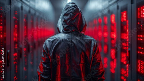 Cybersecurity: Hacker in code, hoodie, on server backdrop, reflecting metaverse digital realm.generative ai