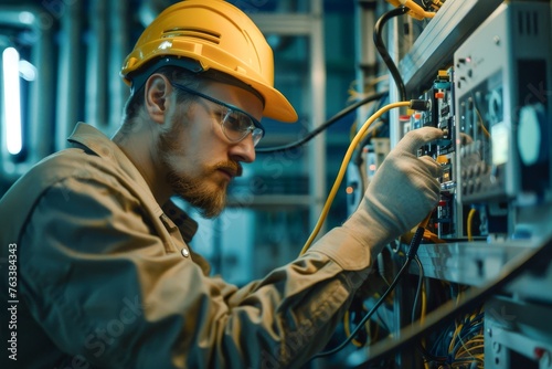 Focused technician using a multimeter to troubleshoot electrical components in an industrial setting