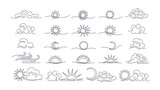 Linear sun, moon, cloud sign. Cloudy weather, sky