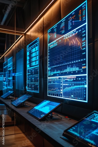 Neon-lit stock exchange monitors with interactive touch controls, depicting the future of trading